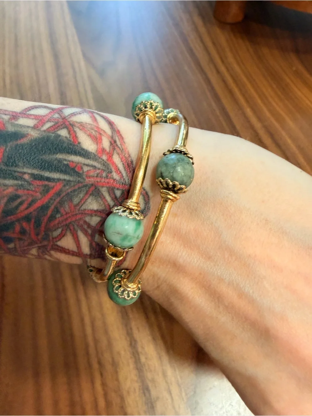RARE HTF VTG Sezane Sally Bracelet Green and Gold Tone Marbled Stone